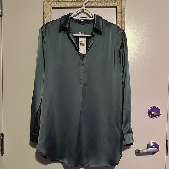 PLEIONE | Anthropologie Dusty Blue Long Sleeve Polo Satin Blouse - Picture 3 of 13
